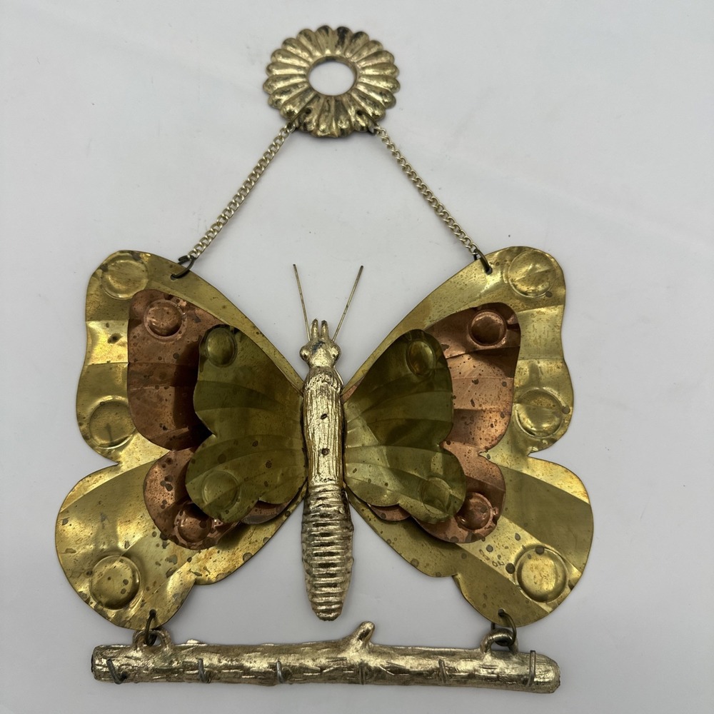 Vintage MCM Mixed Metal Brass Copper Butterfly Key Holder Wall Rack Stamped BARO